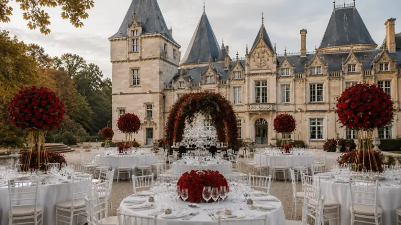 Réception de mariage élégante décorée de compositions florales