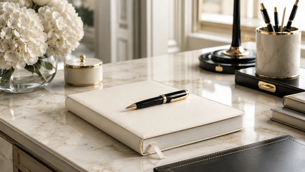 Bureau élégant avec carnet et stylo